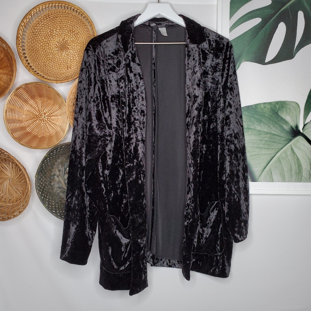 H&M Black Crushed Velvet Soft Blazer Open Jacket L